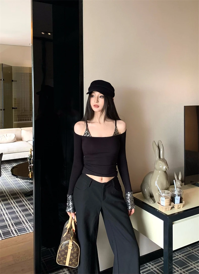 修身性感亮片带胸垫打底外穿上衣+阔腿百搭长裤套装#8237