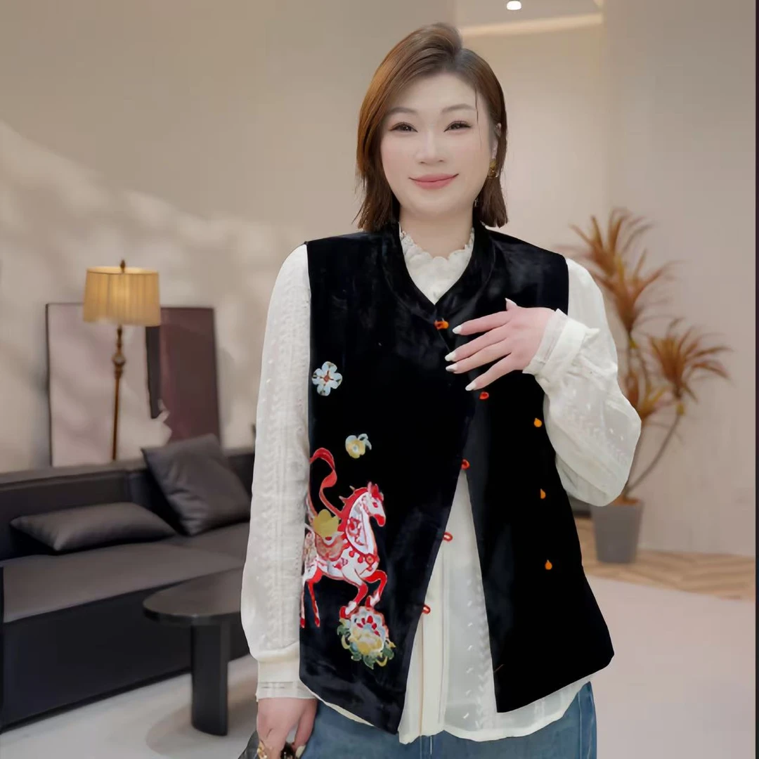 QIAO YIN“马夹”新中式复古重工刺绣丝绒时尚百搭马夹QY29168