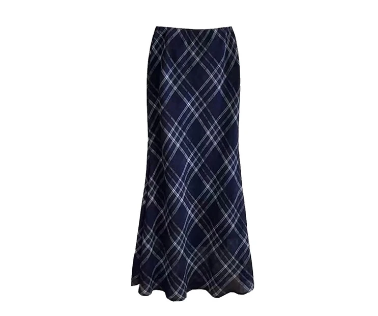 KELE  【蓝色格纹】高腰长裙半身裙复古遮胯格纹裙休闲格纹显瘦