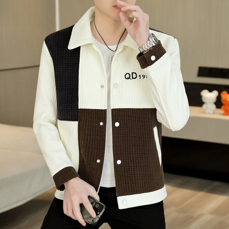 2025新款男士翻领夹克外套帅气春季休闲潮流宽松工装上衣夹克拼接