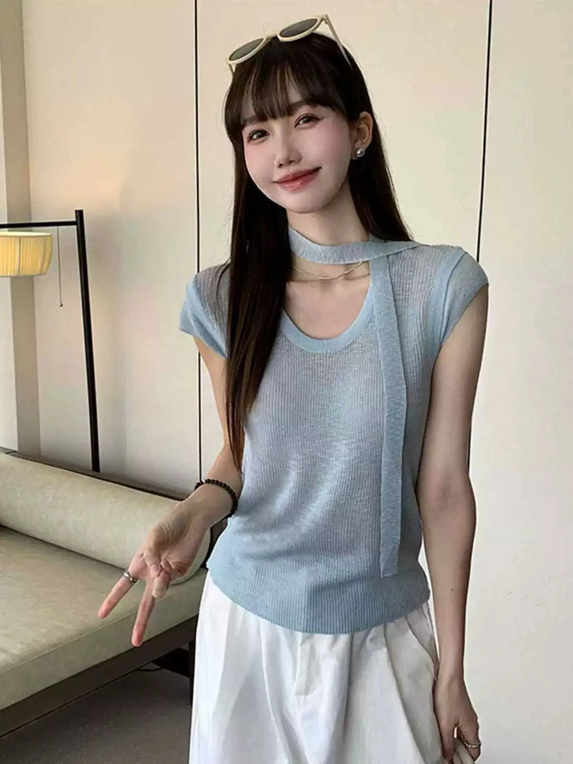 54034 韩系简约百搭纯色修身飞袖针织衫