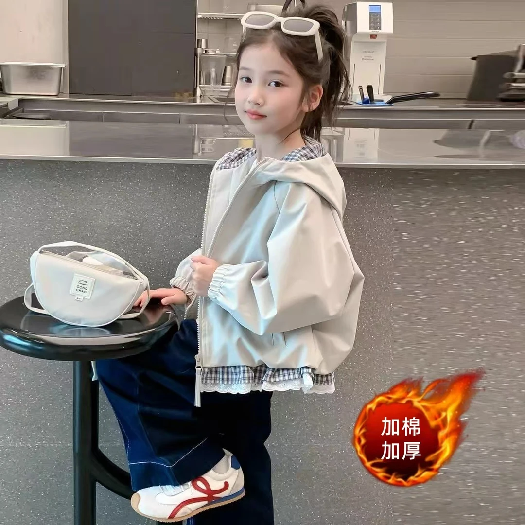 女童秋装外套2025新款儿童韩版女孩春秋季连帽夹克格子蕾丝边上衣
