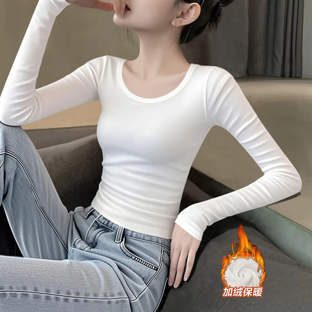 白色德绒圆领长袖打底衫女内搭2025秋冬爆款修身显瘦加厚保暖上衣