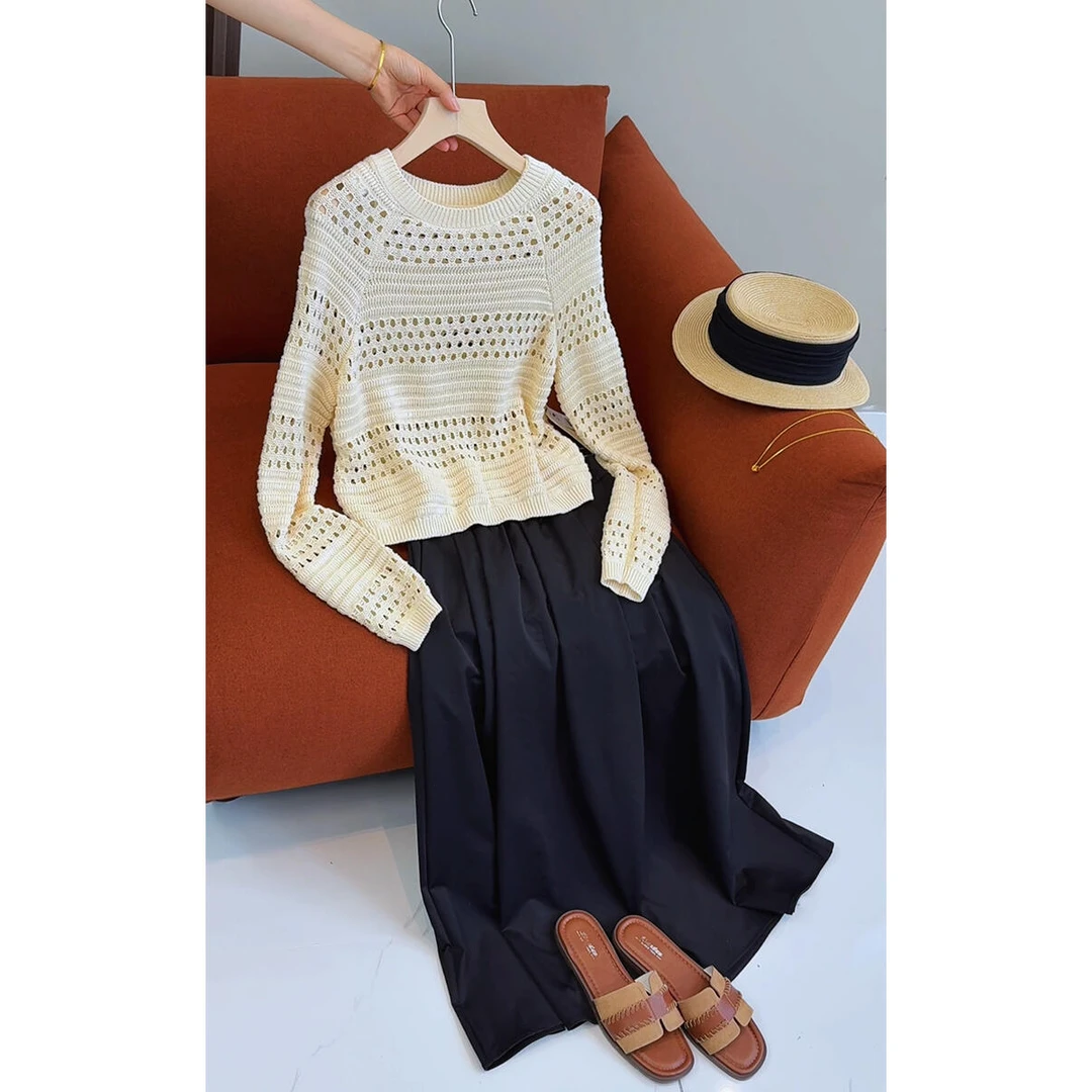 2025镂空圆领长袖毛线针织衫女宽松外穿长袖上衣短款套头衫罩衫女