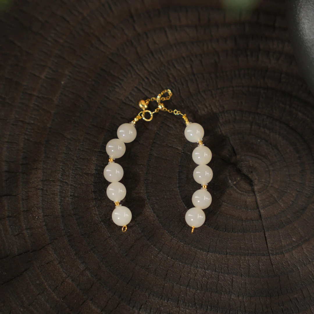 藕粉双节棍-天然和田玉18K金手链2