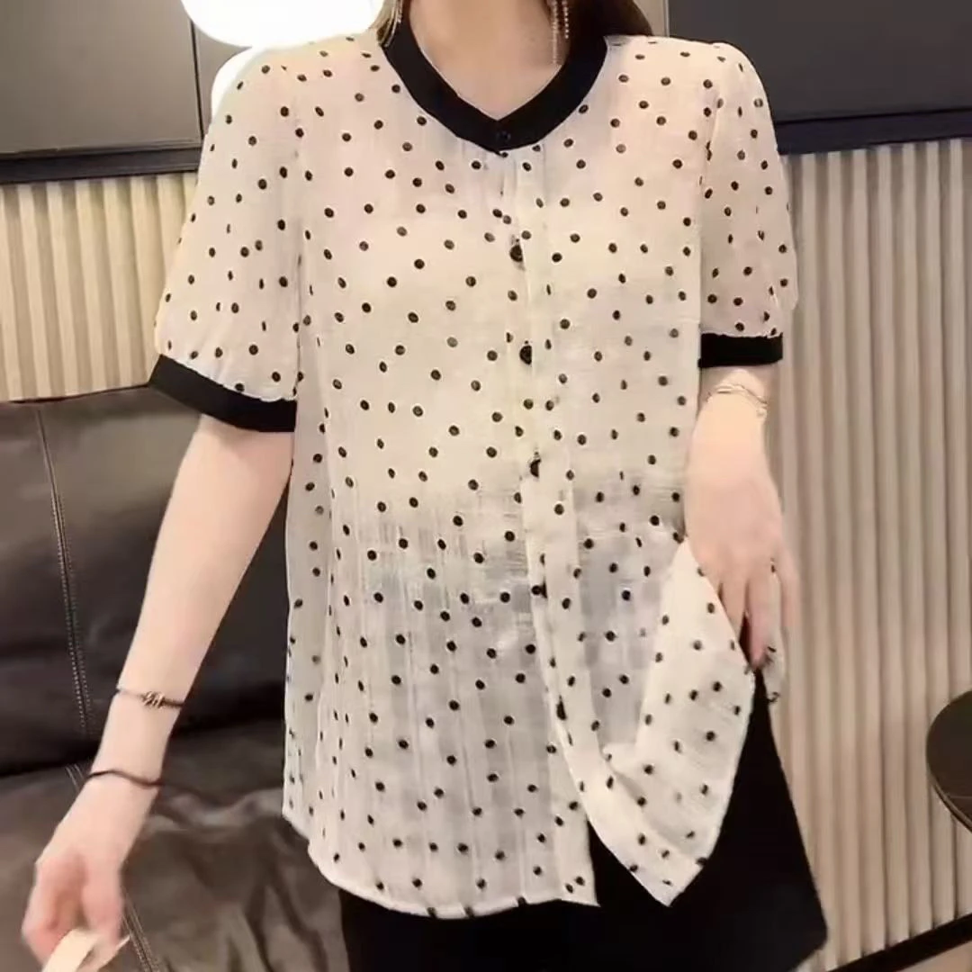 9424-2025年夏季新款时尚洋气显瘦百搭薄款波点上衣