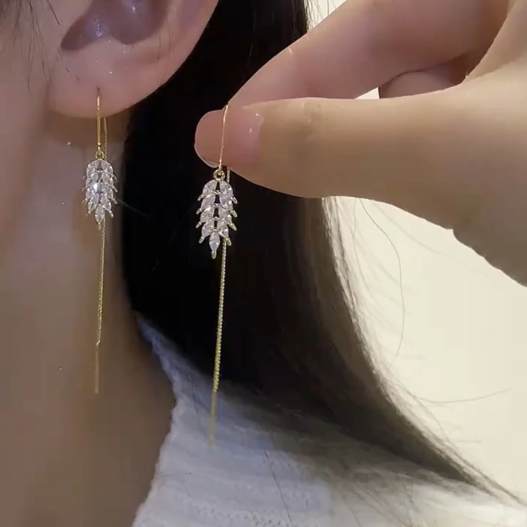 合金耳饰 超闪麦穗流苏耳线女轻奢简约树叶耳线长款小众气质耳饰