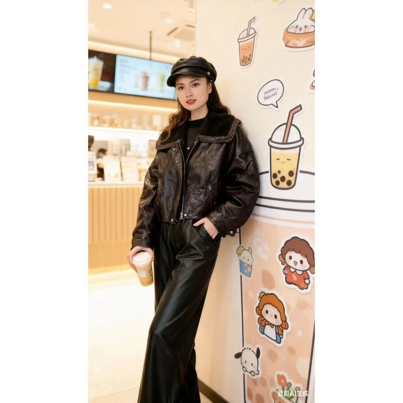 真皮皮衣女士加厚头层羊皮羊毛领内胆鹅绒短款鹅绒服259829