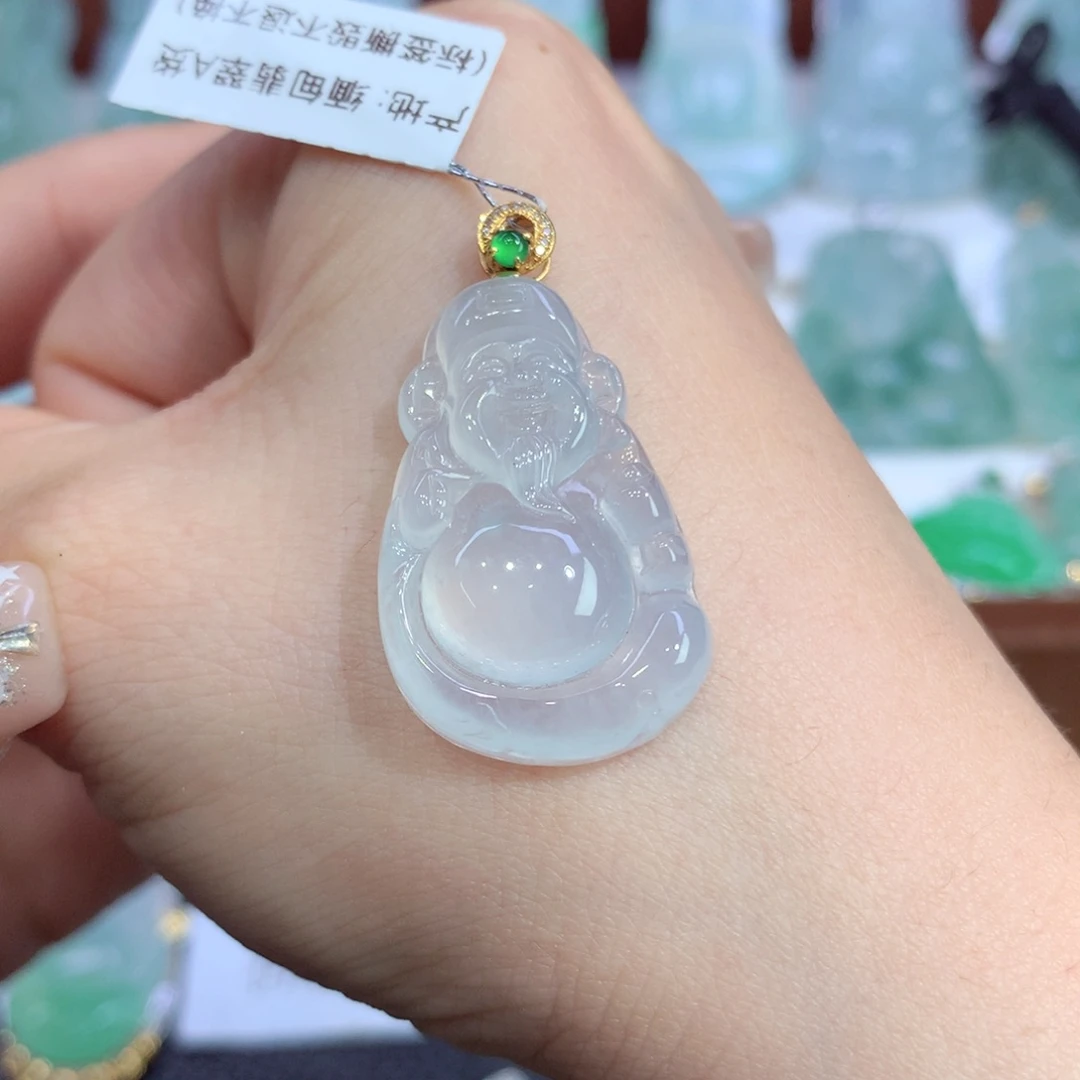 吊坠(不含链)18K金镶嵌翡翠天然缅甸A货翡翠揭阳工财神爷
