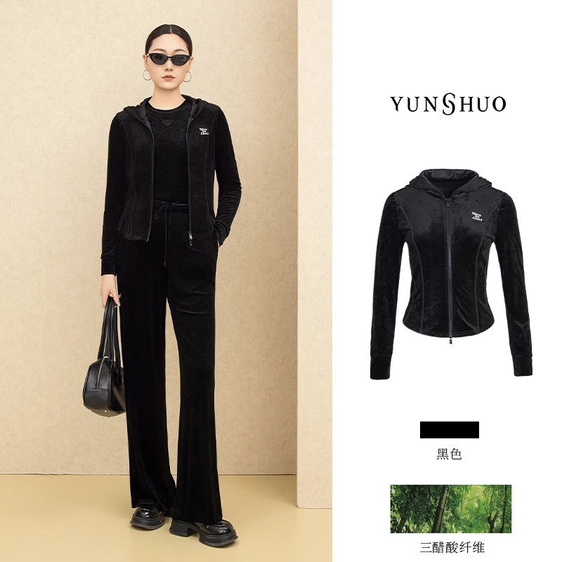 允硕春季新品时尚百搭气质连帽修身女黑色丝绒上衣显瘦外套455509