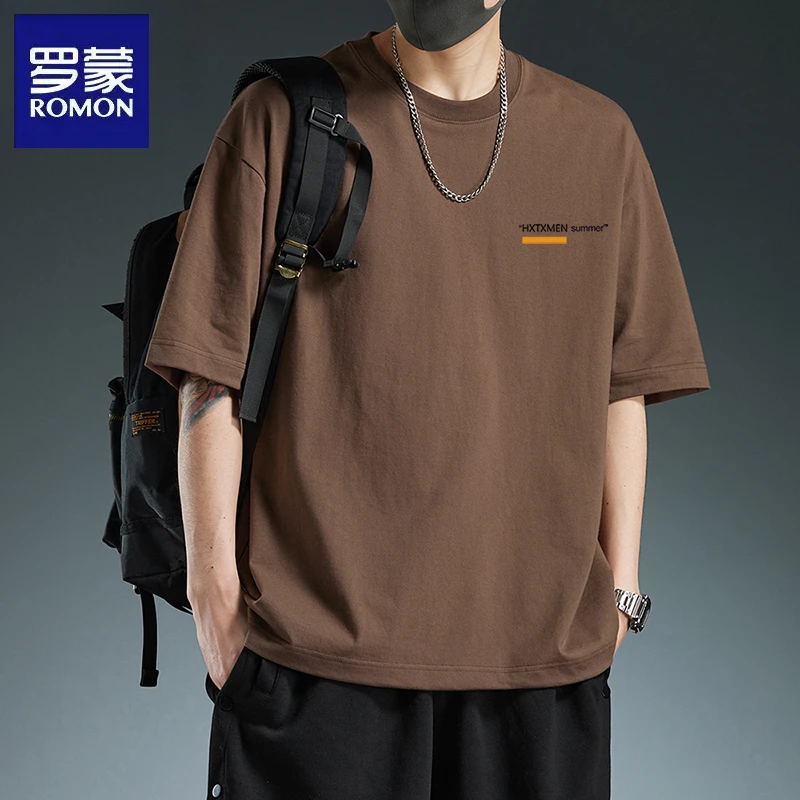 罗蒙夏季薄款短袖T恤男士潮牌2025新款宽松休闲百搭五分袖上衣男