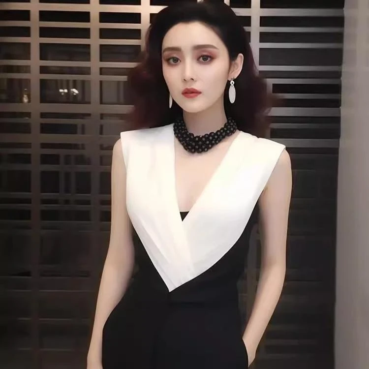 撞色V领无袖连体阔腿裤女夏季欧货拼接高腰显瘦收腰气质垂感长裤