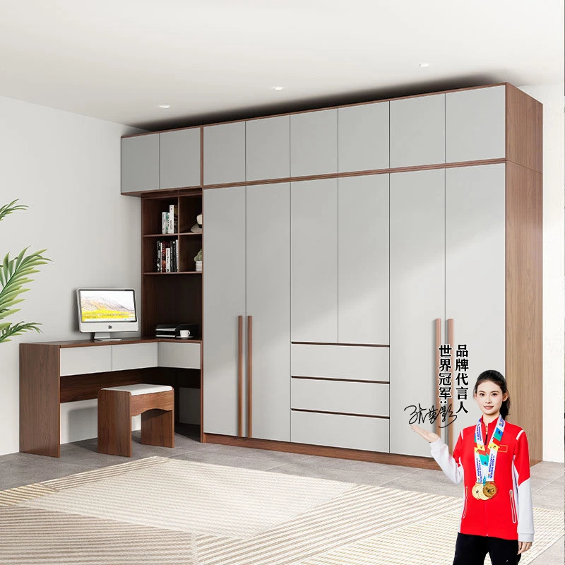 北欧对开门衣柜白色浅灰色加原木胡桃色加电脑书桌转角大衣柜家用