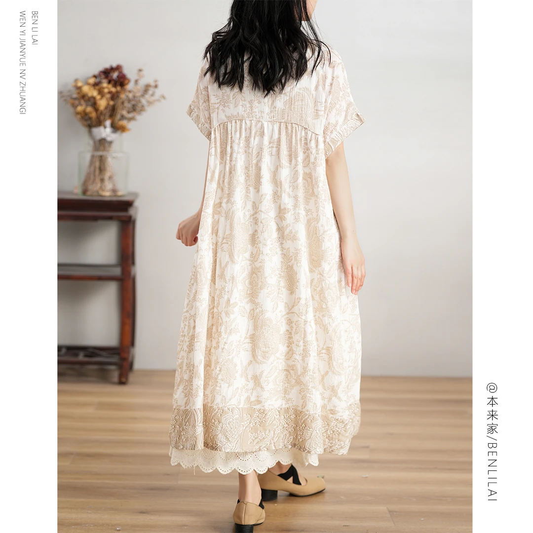 【本利来】白日剪影文艺知性宽松版印花连衣裙女夏款遮肉长裙4981