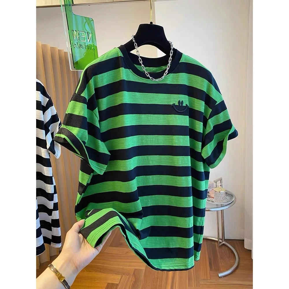 2025新款夏季潮流大码胖mm撞色条纹拼接刺绣笑脸t恤女短袖上百搭