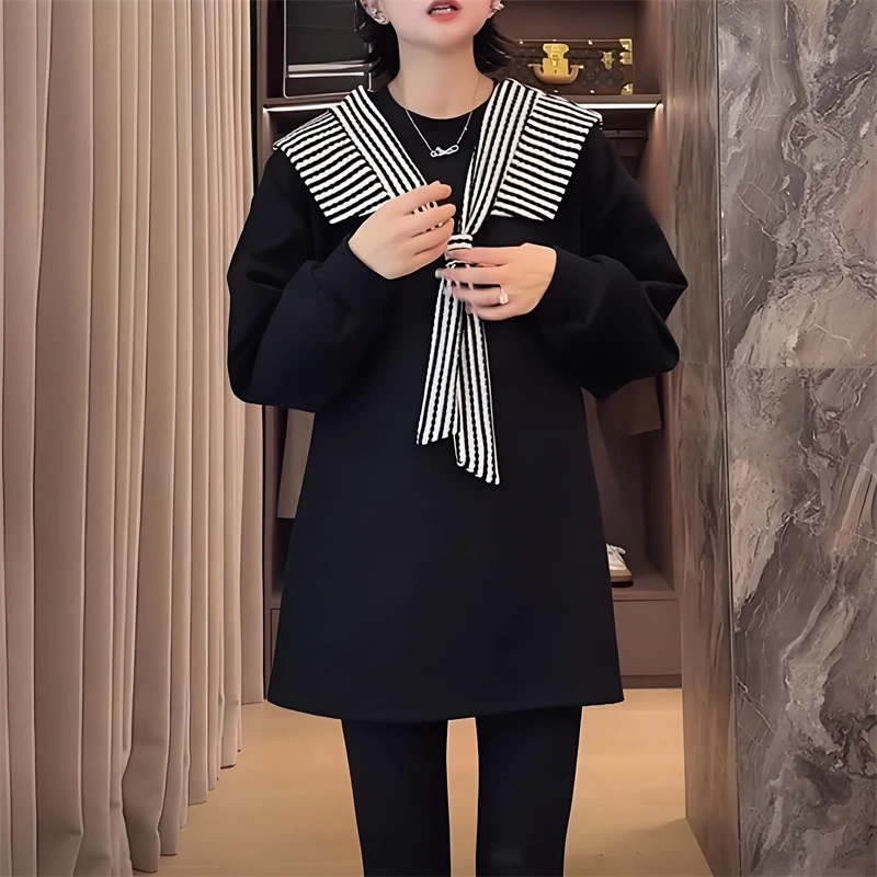韩版条纹披肩拼接长袖卫衣女秋季新款中长款宽松遮肉减龄时尚上衣