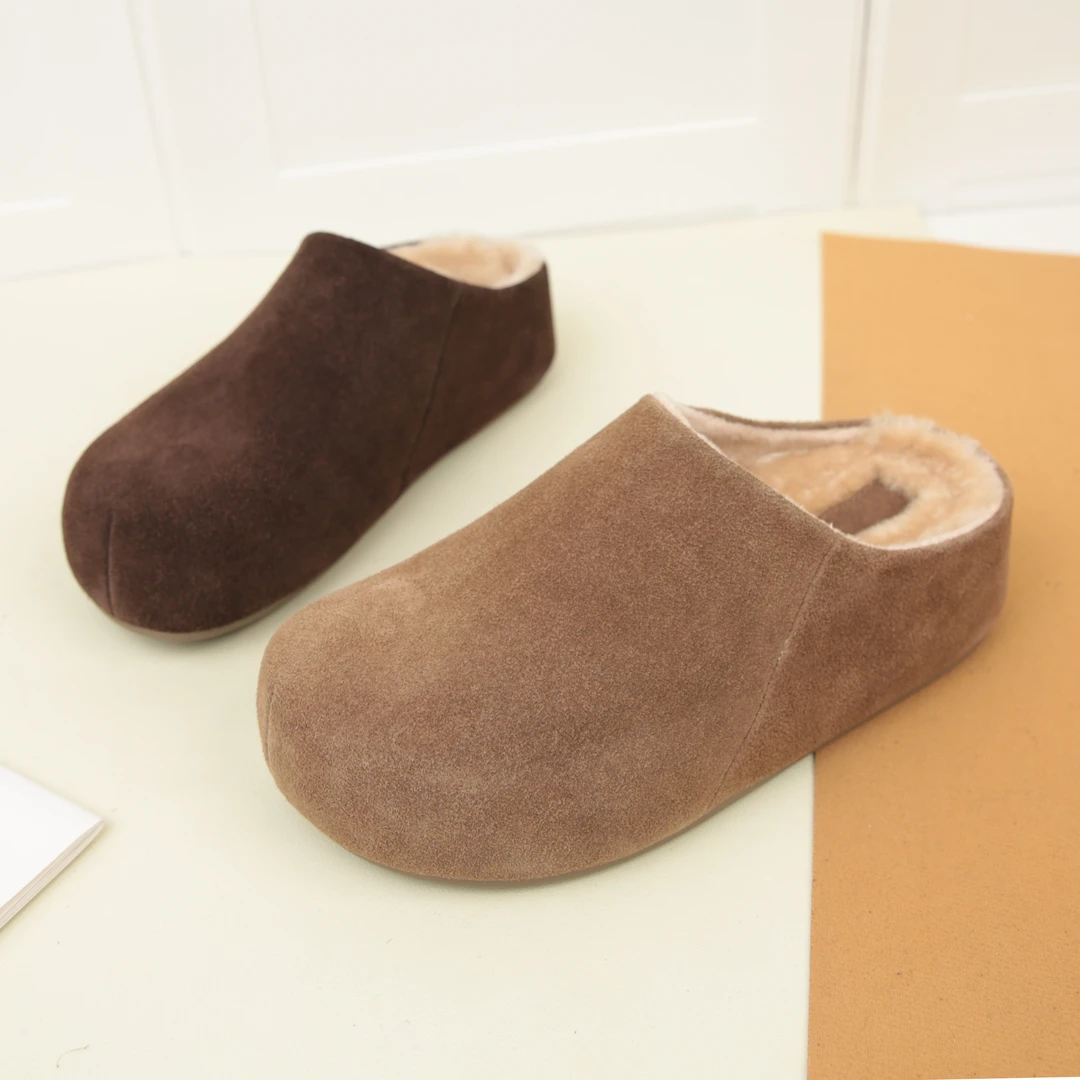 3054冬季新款真皮一脚蹬加绒保暖小土豆增高厚底防滑包头勃肯半拖