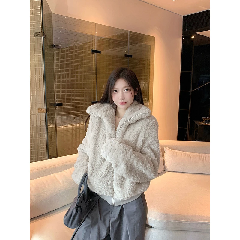 实拍-毛茸茸羊羔毛翻领外套女2025慵懒风拉链保暖软糯开衫