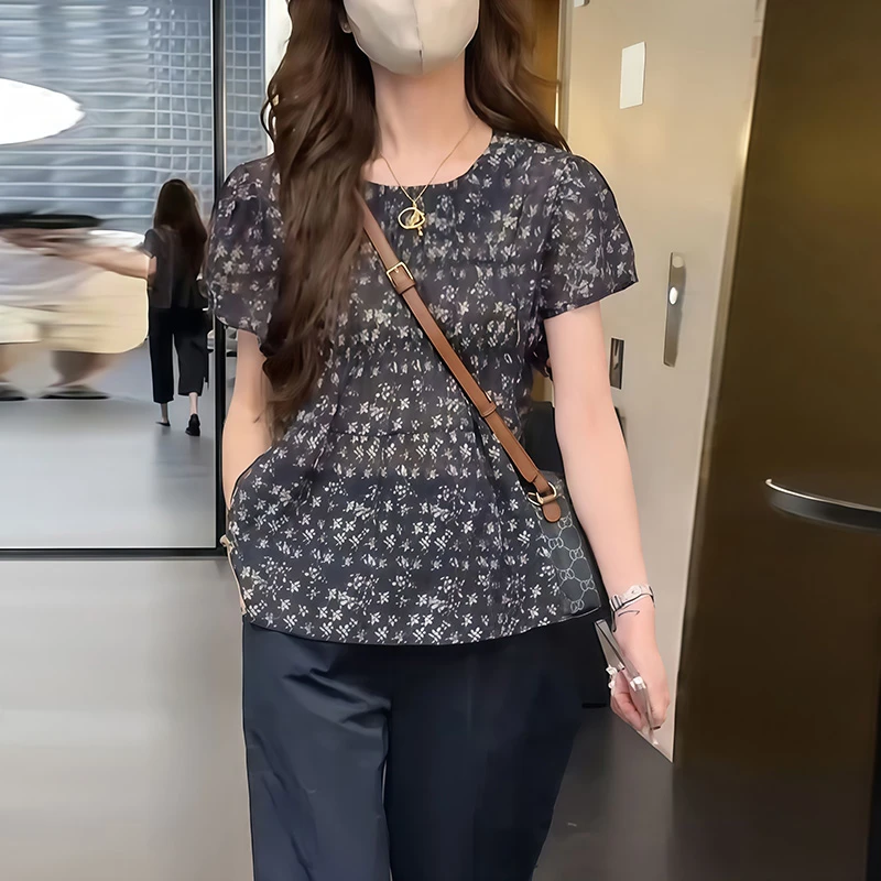 圆领收腰短袖碎花衬衫女装2024夏季新款印花设计感显瘦小衫上衣潮
