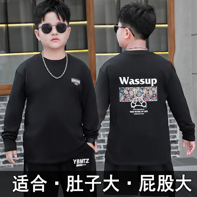 胖男童秋装打底衫纯棉长袖T恤加肥加大8-16岁中大童大码宽松上衣t