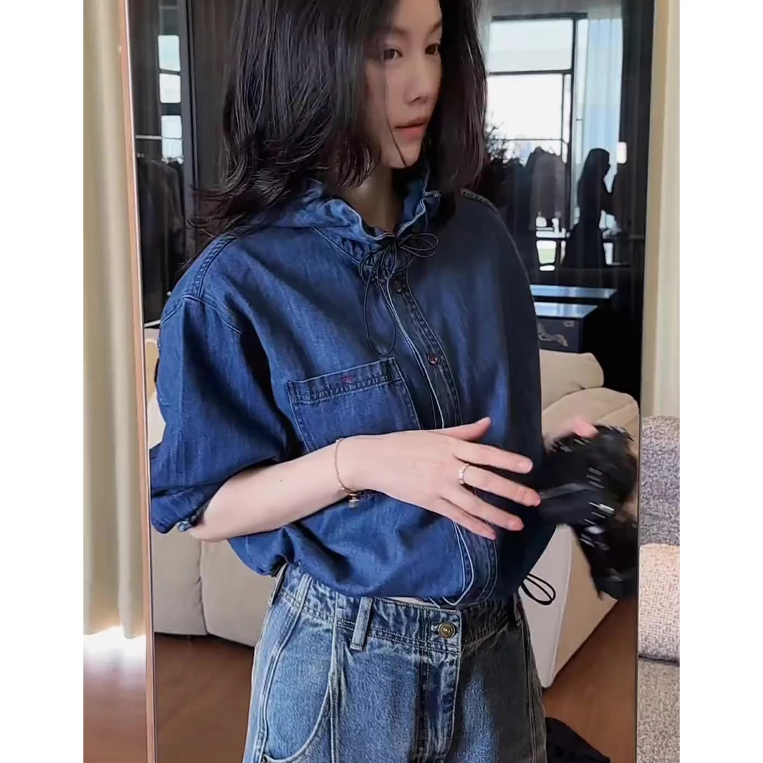 慵懒风连帽抽绳长袖牛仔外套女2025早秋新款外搭宽松休闲开衫上衣