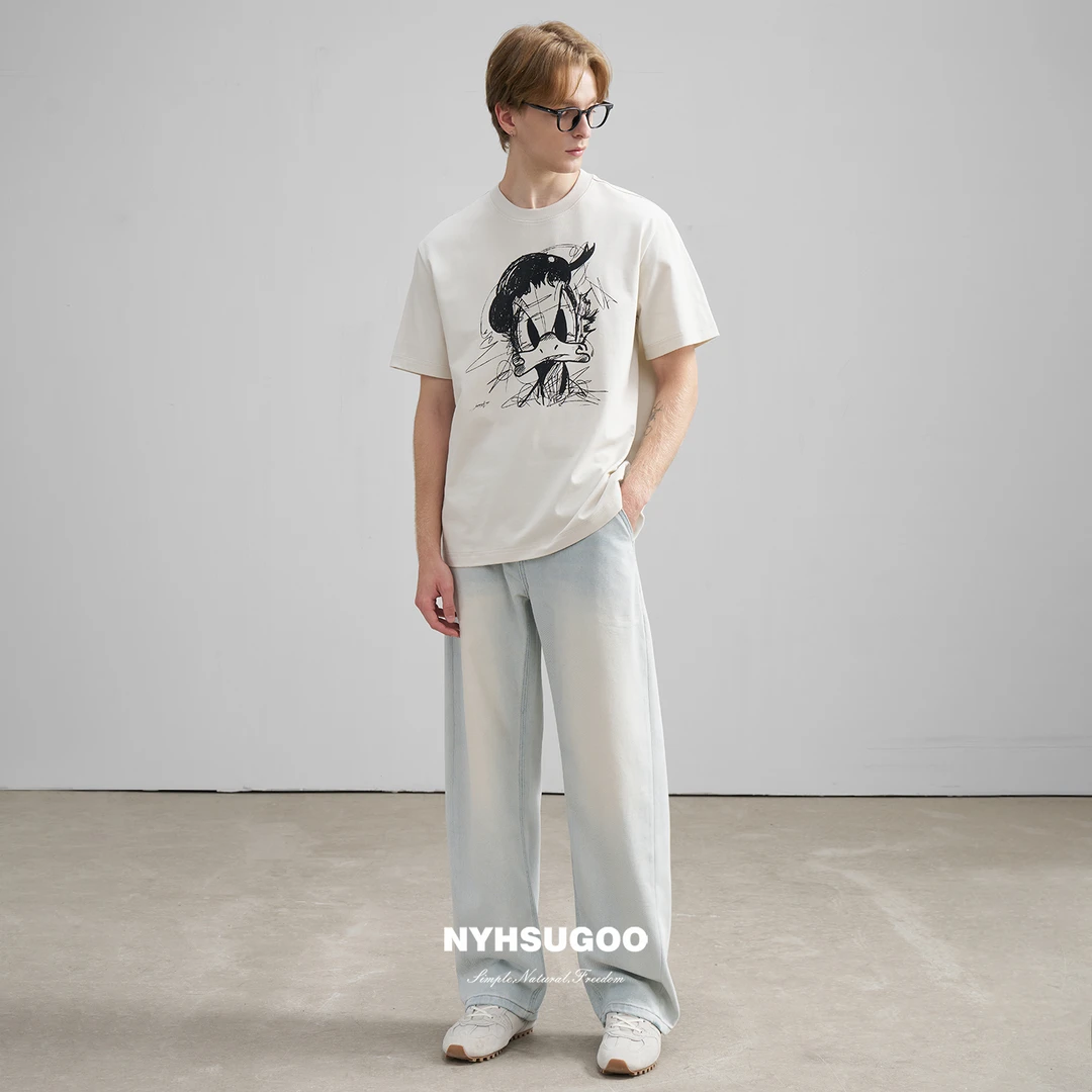 NYHSUGOO/南乙夏季短袖100%棉粉浆印花T恤休闲男士3659重磅短袖