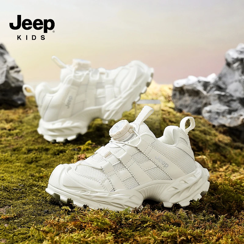 jeep男童鞋子网面透气儿童运动鞋2025新款春秋季软底皮面旋转纽扣