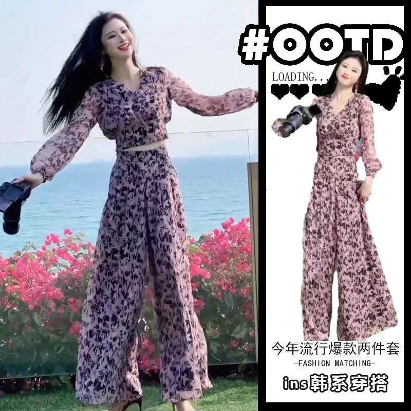 网红爆款时尚雪纺碎花套装女2025春夏新款法式V领显瘦上衣+阔腿裤