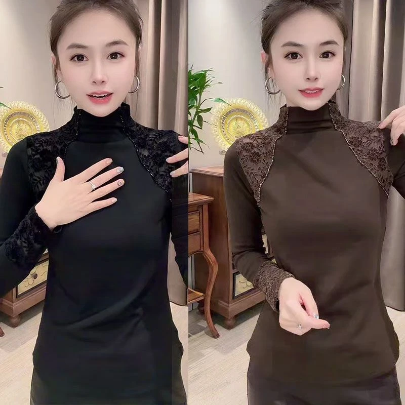 1226蕾丝拼接高领打底衫T恤2025秋冬新修身显瘦磨毛保暖洋气爆款