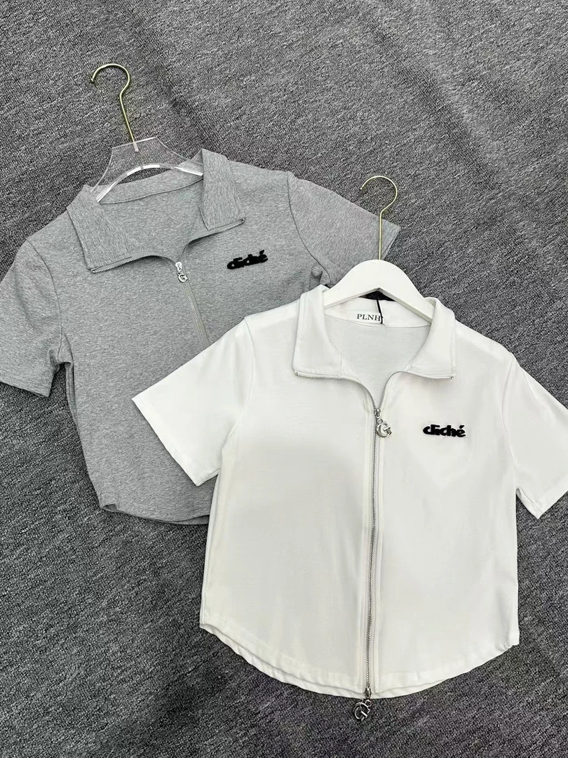 823双拉链夏季短袖新款不规则辣妹短款开衫上衣