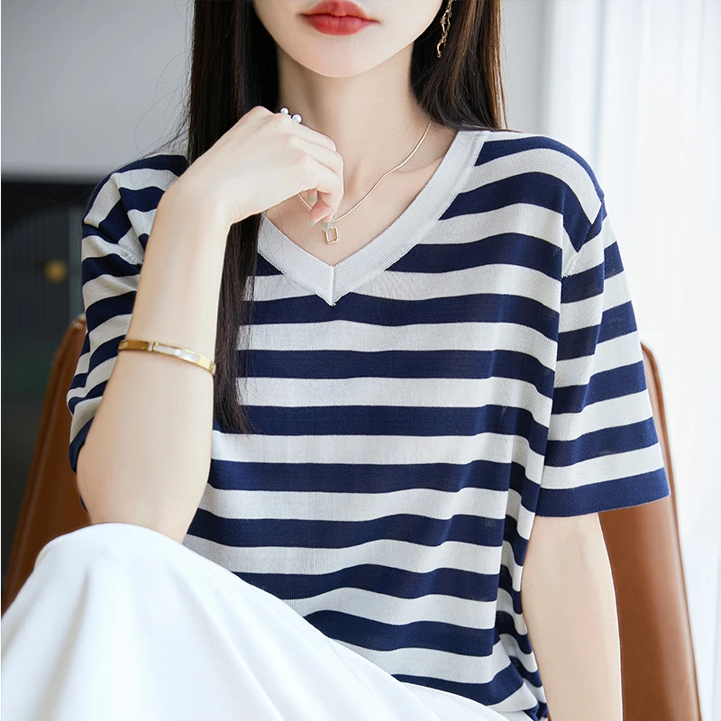 NSY393已开价 100%莱赛尔天丝V领条纹短袖 夏季显瘦宽松薄衫T恤衫