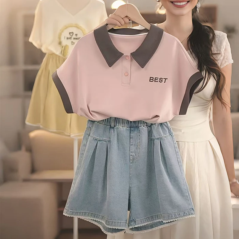 女童POLO衫套装夏季2025新款洋气儿童休闲夏装女孩牛仔短裤两件套