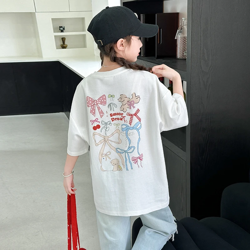 女童夏装T恤2025新款儿童洋气韩版女孩夏季短袖体恤白色t宽松上衣