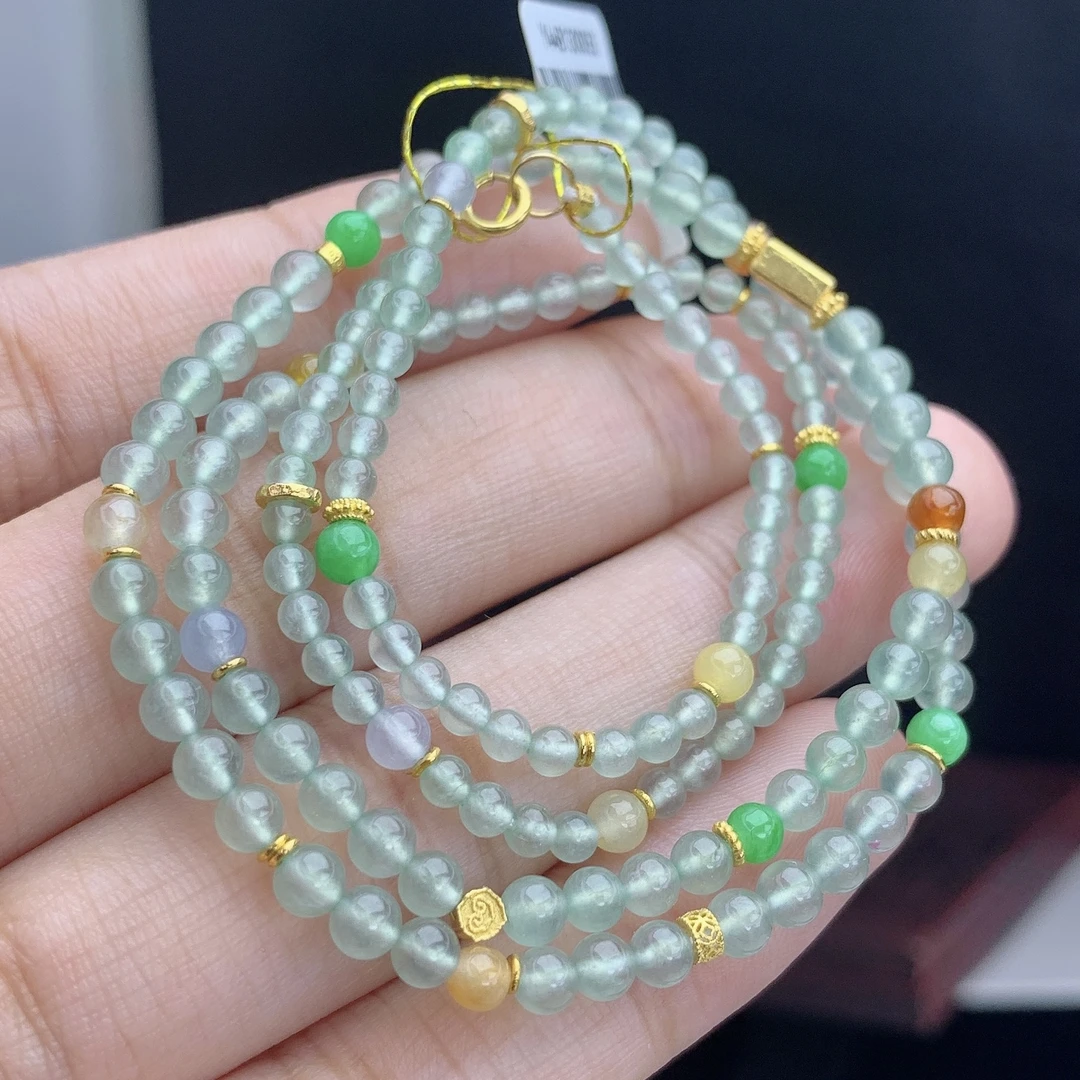 缅甸A货翡翠冰绿色小米珠圆珠项链多圈长串5QQ2T22卡3-3.6mm500mm