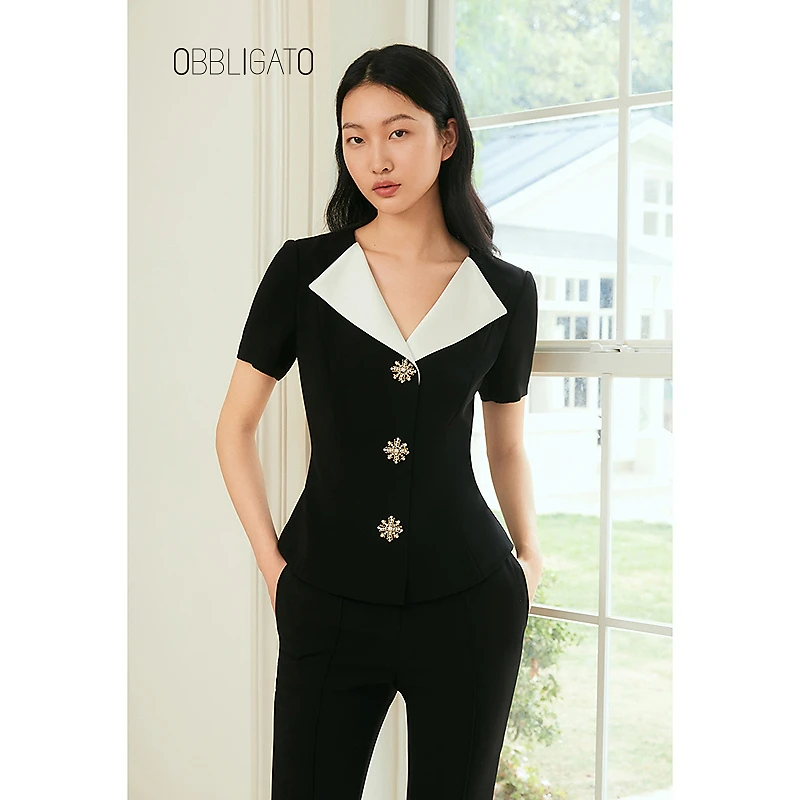 OBBLIGATO奥丽嘉朵2025夏季1C35270210新品V领撞色绣花扣收腰上衣