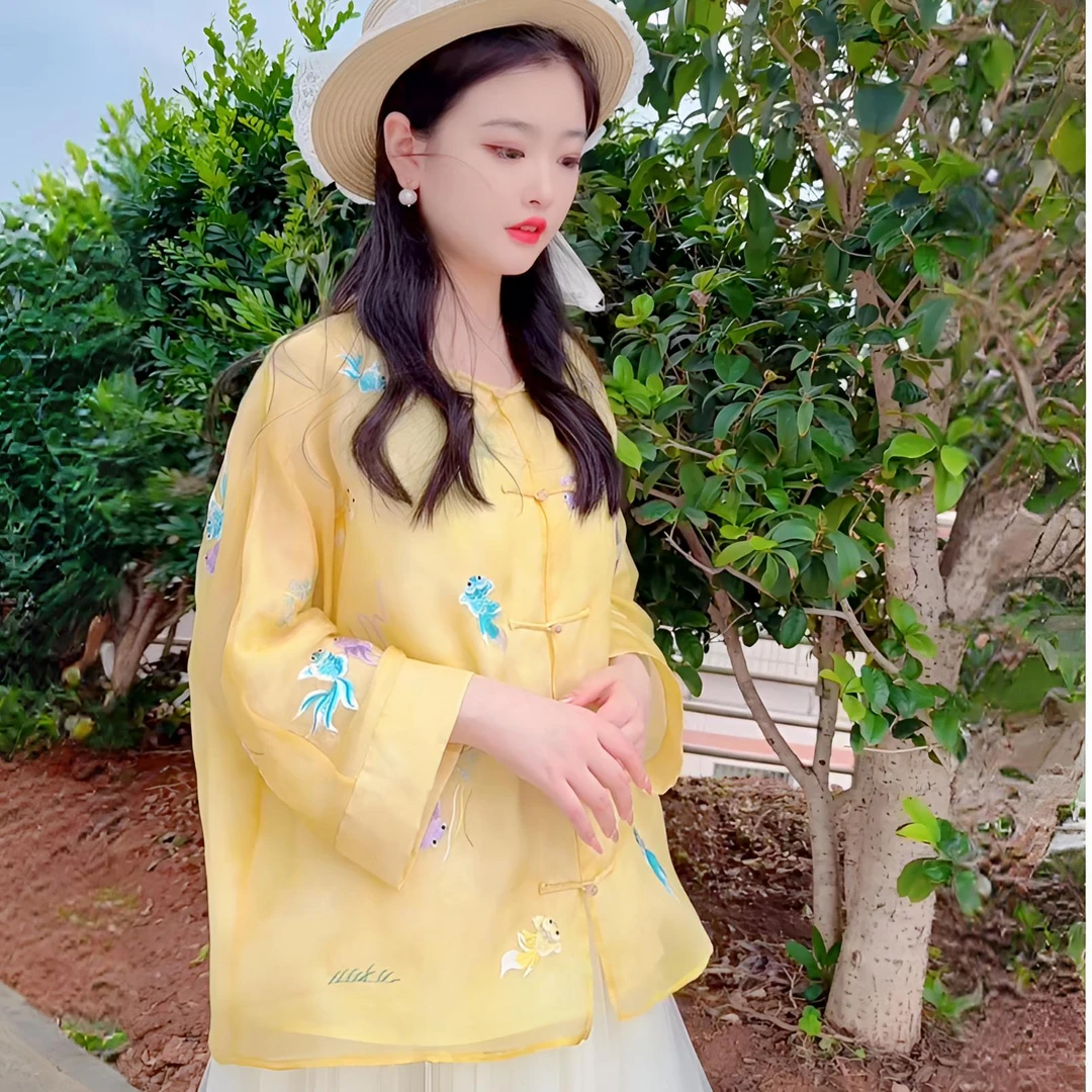 （金鱼防晒）一揽芳华真丝绡上衣防晒金鱼刺绣