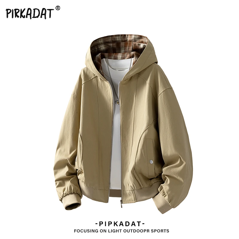 Pirkadat秋季新款格纹拼接连帽夹克男士美式复古潮流休闲宽松外套