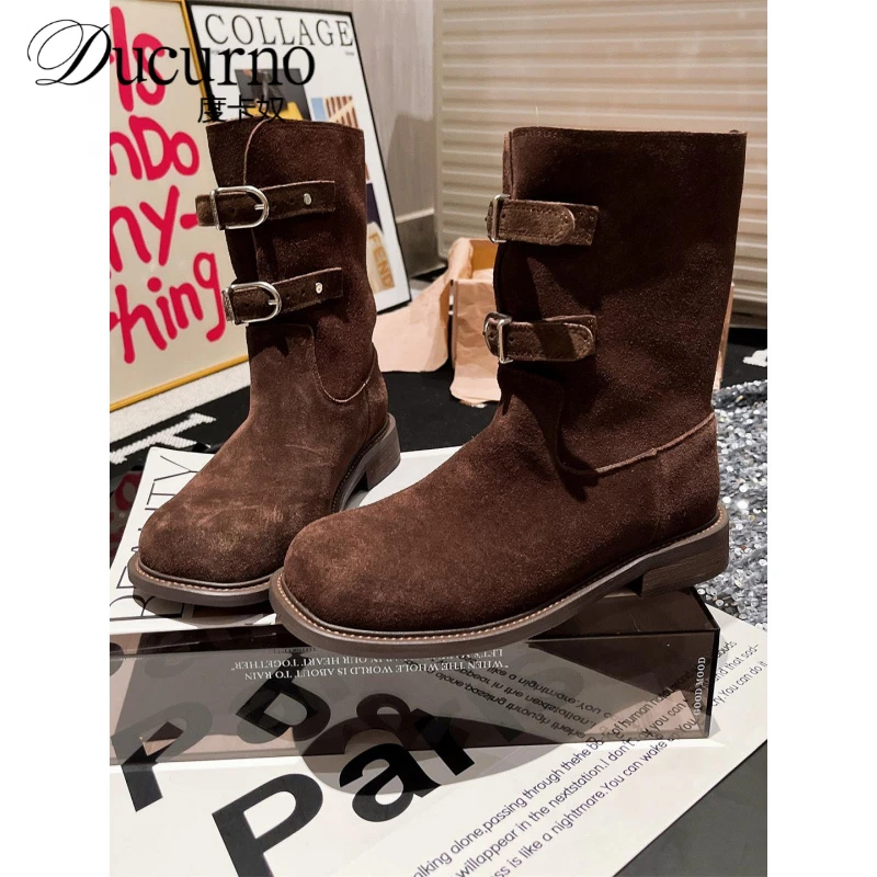 欧货真皮金属扣工装废土风马丁靴机车靴短靴平底鞋辣妹风堆堆靴女