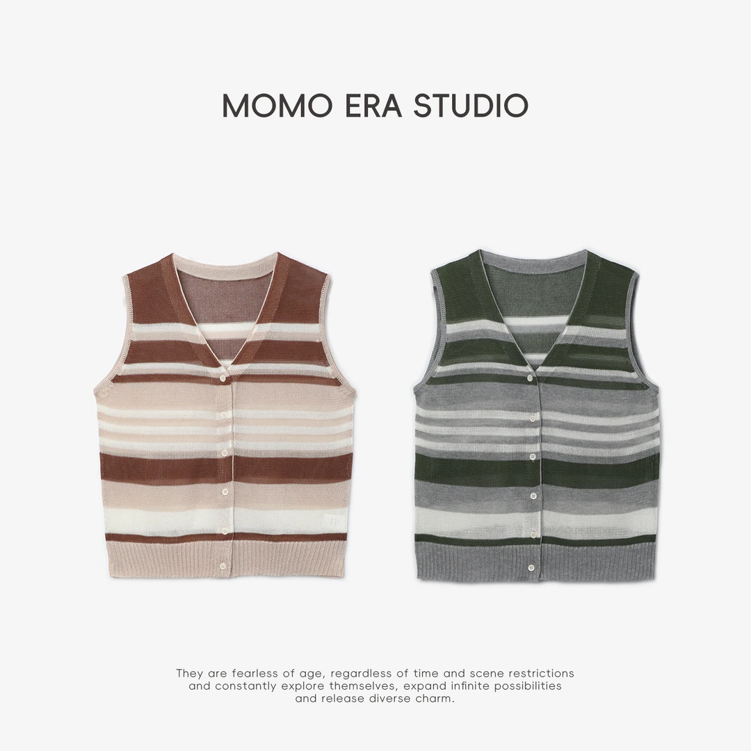 17772 MJ 莱赛尔条纹拼色V领针织马甲