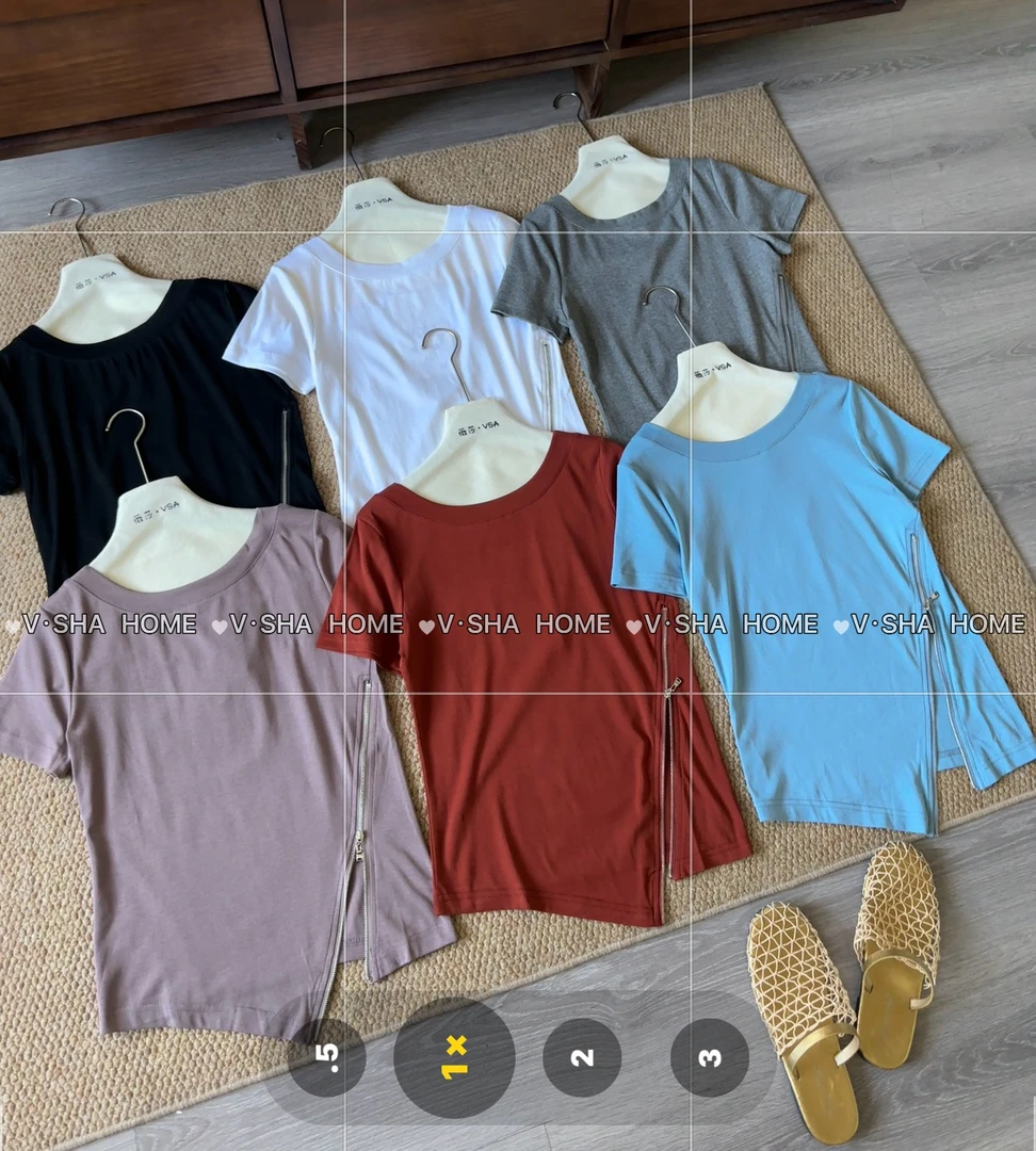 薇莎2532【现货】80-150斤不规则拉链下摆百搭圆领棉T恤