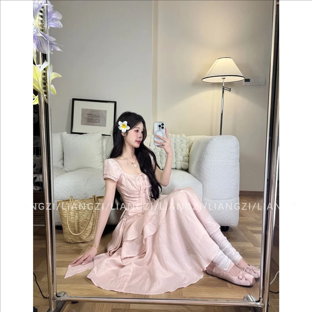 清仓夏季甜美风不规则短袖连衣裙收腰显瘦气质温柔风仙女约会长裙