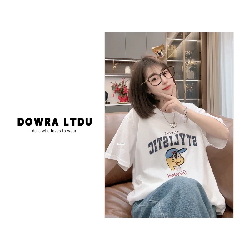 朵拉【俏皮小蛇】2025年春季新款圆领小蛇雪花百搭短袖T恤女1-0612