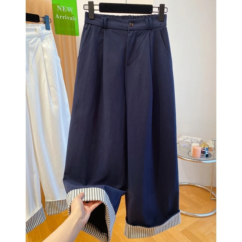 卷边高腰阔腿裤女春秋2025新款韩版宽松遮肉显瘦直筒裤休闲九分裤