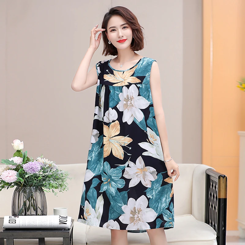 棉绸睡裙女夏中老年睡衣人造棉无袖连衣裙中长款休闲家居服妈妈装