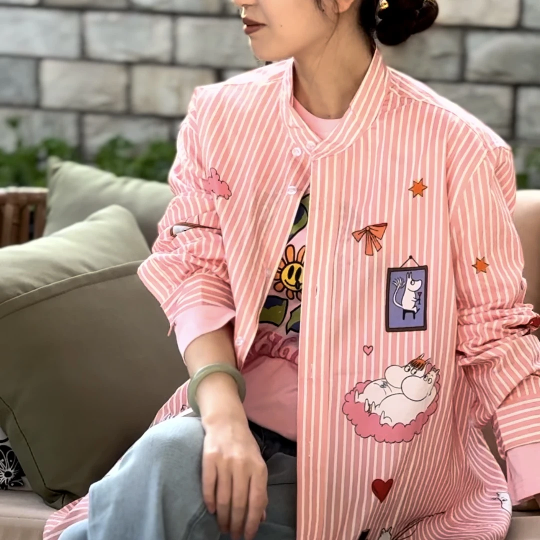 春季长袖春秋印花立领常规款衬衫宽松时尚