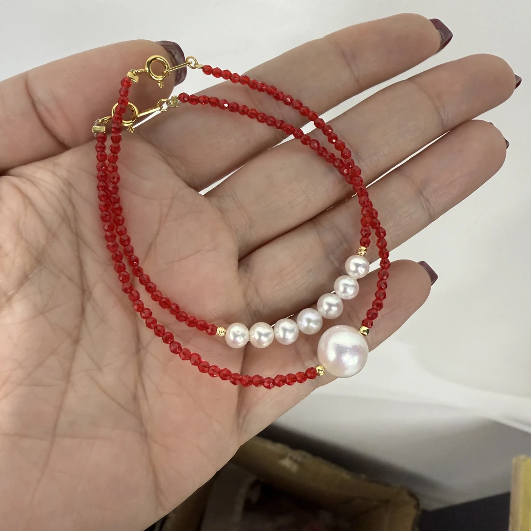 新年红两件套｜淡水珍珠手链S925银红手串大小配套叠带 FS0108