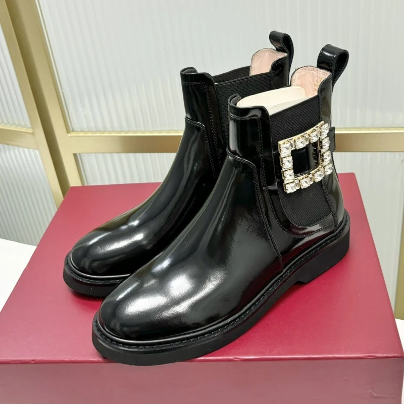 女士水钻方扣一蹬短靴真皮圆松紧厚底短筒切尔西靴时尚单靴子