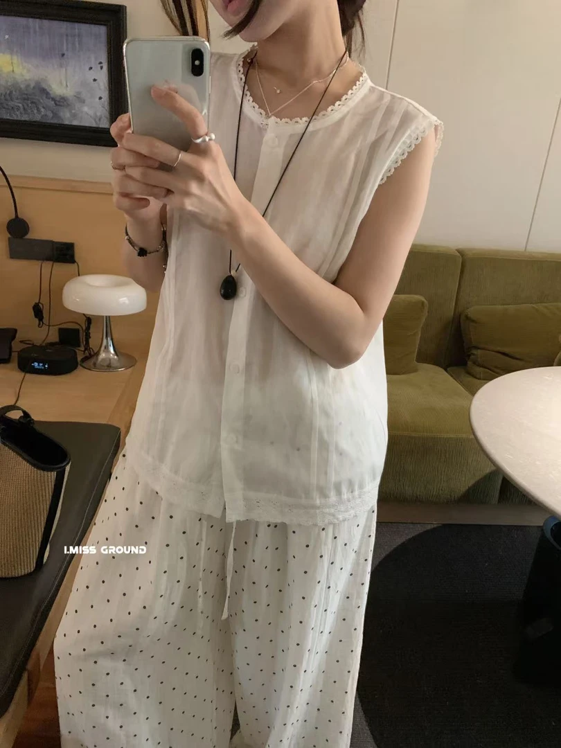 imiss@70697 （苎麻）韩系宽松设计感减龄蕾丝边无袖背心上衣 7-4