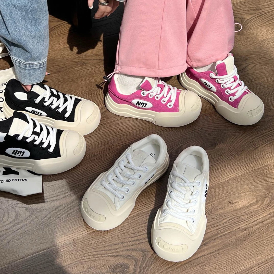 VEEFSHOW 919-2 低帮系带通用纯色厚底帆布鞋春季透气小众鞋子女