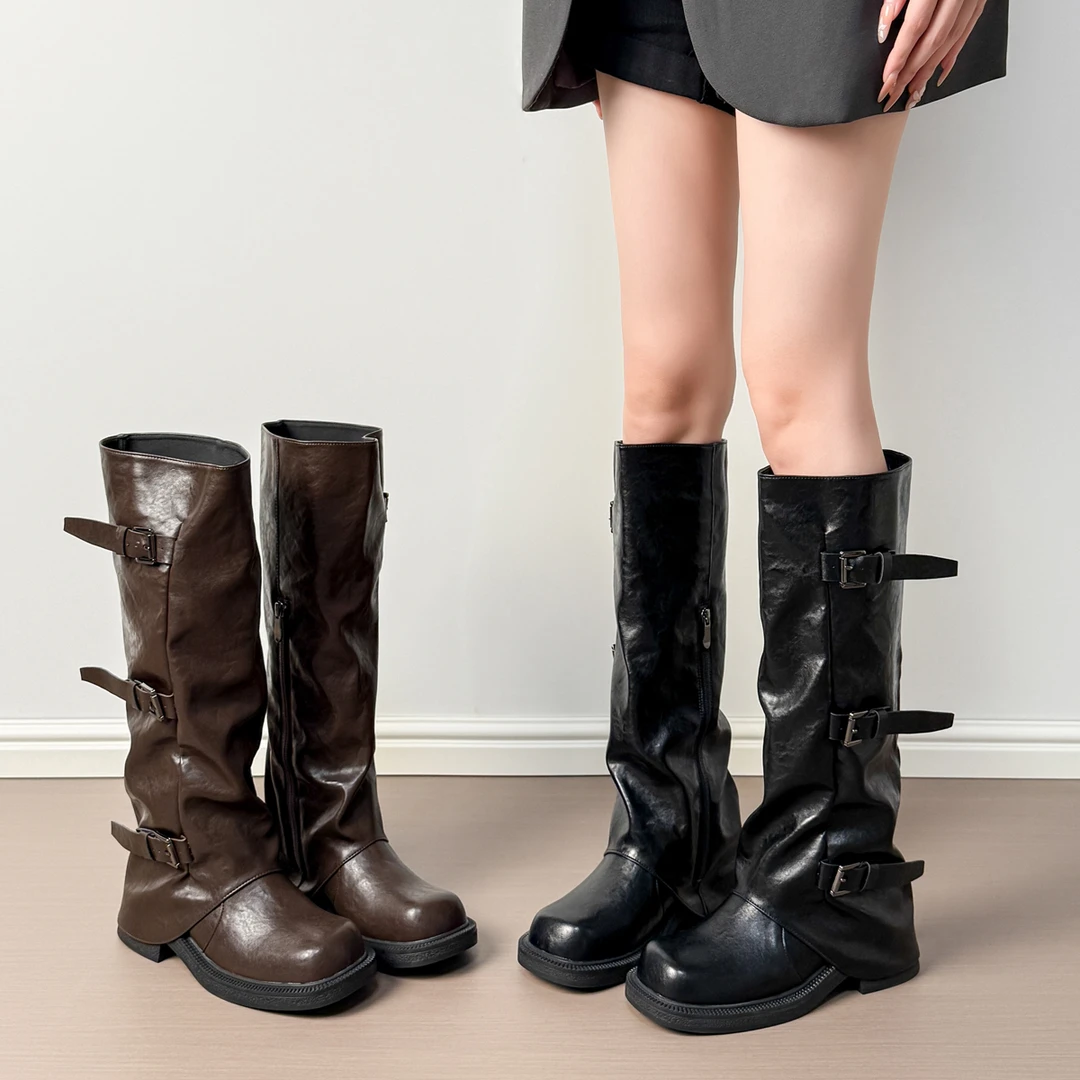 复古裤管靴女2025秋冬新款厚底高筒骑士靴子大筒围显瘦堆堆长筒靴